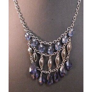 Gothic Blue And Silver Tone Beaded Bib Necklace
